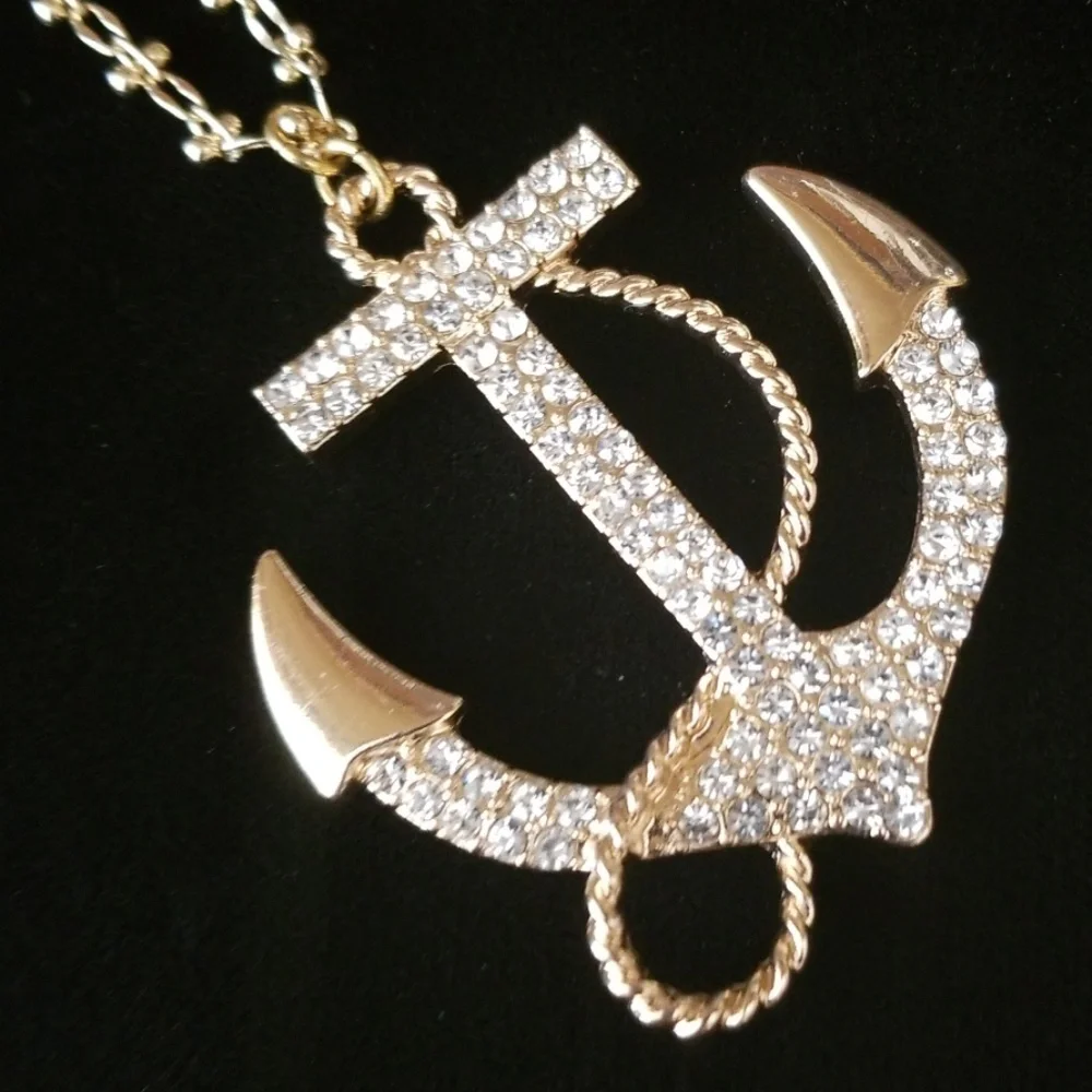 NWT Hand Crafted Rhinestone Anchor Pendant Goldtone Finish Necklace - Picture 8 of 12